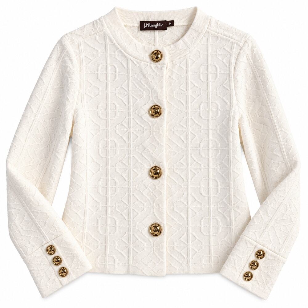 J McLaughlin White Textured Knit Jacket M Gold Button Cotton Blend Cardigan